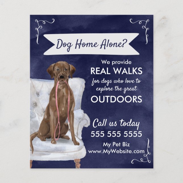 Cute Blue Dog Walker Flyer with Swirls and Banner (Front)