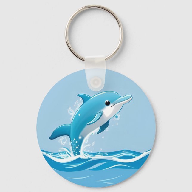 Cute Blue Dolphin Playing Happily in Water Keychain (Front)