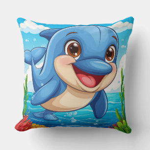 Cute Blue Dolphin Playing Happily in Water Throw Pillow
