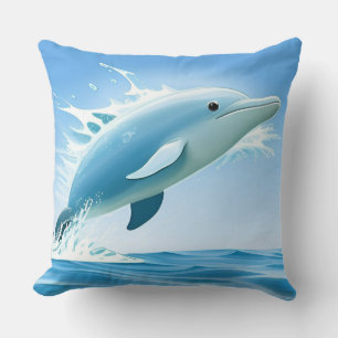 Cute Blue Dolphin Playing Happily in Water Throw Pillow