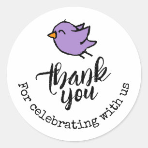 Cute Blue Doodle Bird Thank You For Celebrating Classic Round Sticker