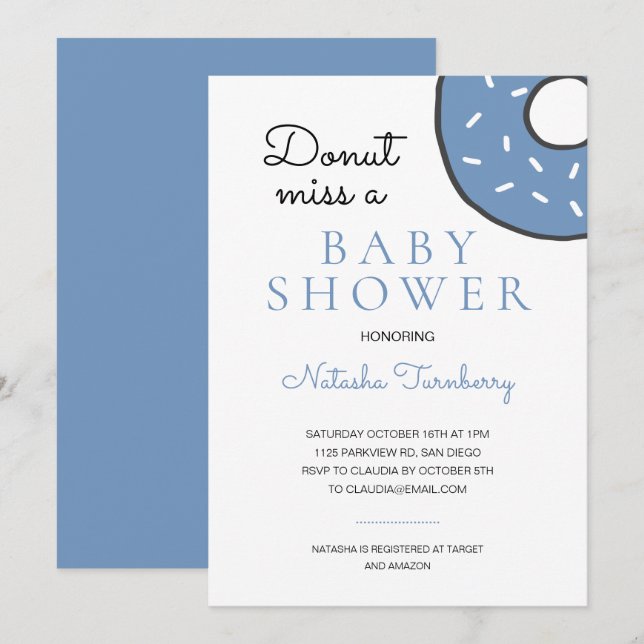Cute Blue Doughnut Miss A Baby Shower Invitation (Front/Back)