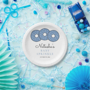 Cute Blue Doughnuts Baby Shower Sprinkle Paper Plate