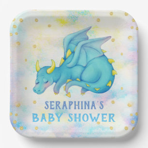 Cute Blue Dragon Boys Baby Shower Paper Plate