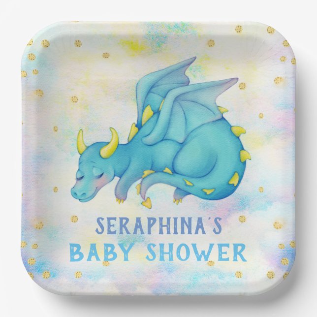Cute Blue Dragon Boys Baby Shower Paper Plate (Front)