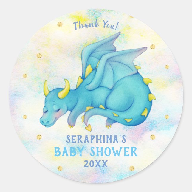 Cute Blue Dragon Boys Baby Shower Sticker (Front)