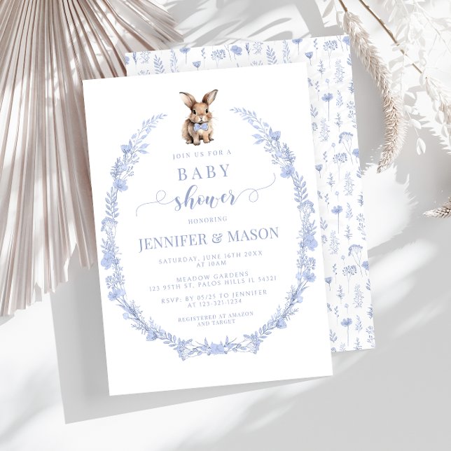 Cute blue Easter rabbit baby boy shower invitation (Creator Uploaded)