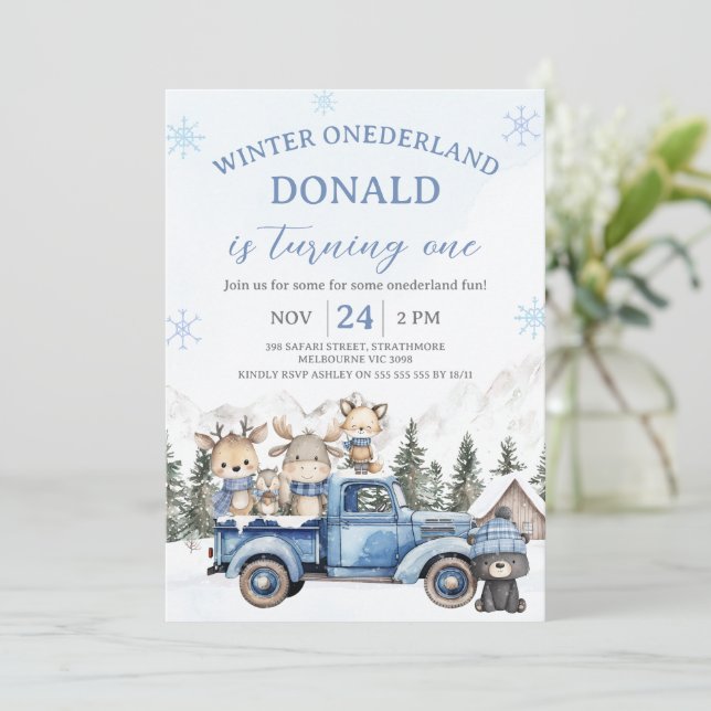 Cute Blue Editiable Winter Onederland Birthday  Invitation (Standing Front)