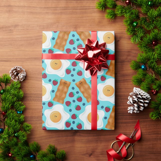 Cute Blue Eggs Bacon Strawberries Blueberries  Wrapping Paper (Holiday Gift)