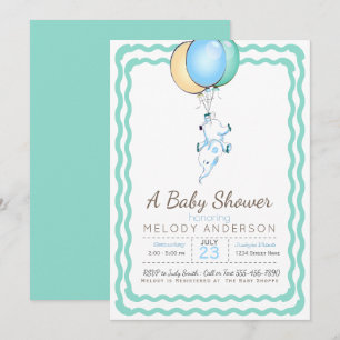 Cute Blue Elephant and Balloons Baby Shower Invitation