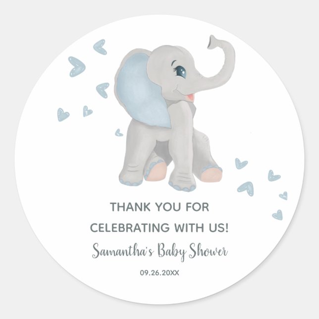 Cute Blue Elephant Baby Shower Favour Sticker (Front)