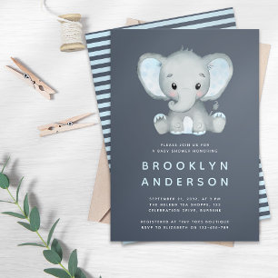 Cute Blue Elephant Baby Shower Invitation
