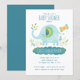 Cute Blue Elephant Baby Shower Invitation