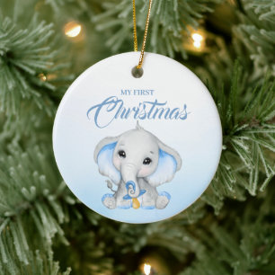 Cute Blue Elephant Baby's First Christmas Ceramic Ornament