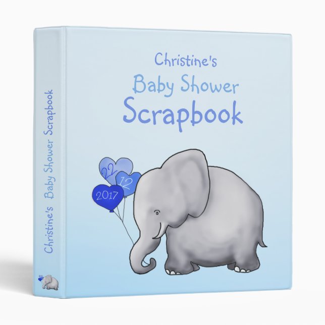 Cute Blue Elephant Boy Baby Shower Scrapbook Binder (Front/Spine)