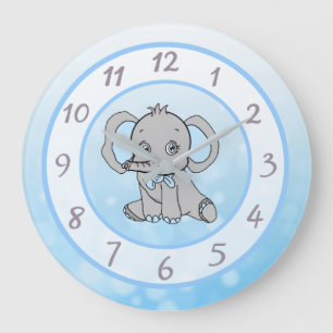Cute blue  elephant children's or baby nursery large clock