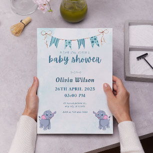 Cute Blue Elephant Gender Neutral Baby Shower Invitation