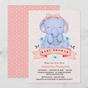 Cute Blue Elephant Girls Coral Baby Shower   Invitation
