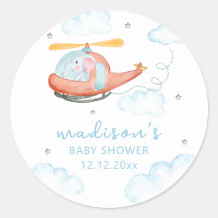 Cute Blue Elephant Helicopter Airplane Baby Shower Classic Round Sticker