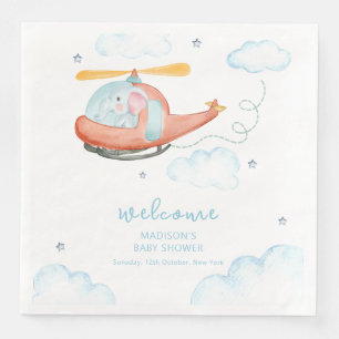 Cute Blue Elephant Helicopter Baby Shower Welcome Napkin