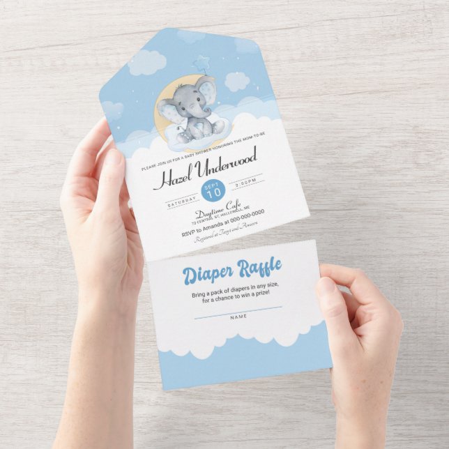 Cute Blue Elephant Little Peanut Boy Baby Shower All In One Invitation (Tearaway)