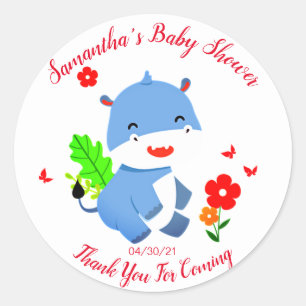 Cute Blue Elephant With Red Flowers Baby Shower Classic Round Sticker