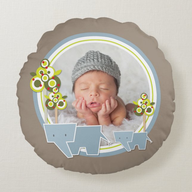Cute Blue Elephants Forest Baby Boy Photo Round Pillow (Front)
