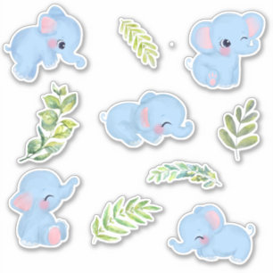 Cute Blue Elephants & Fresh Green Botanicals 