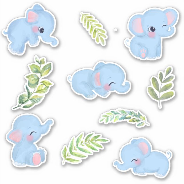 Cute Blue Elephants & Fresh Green Botanicals  (Front)