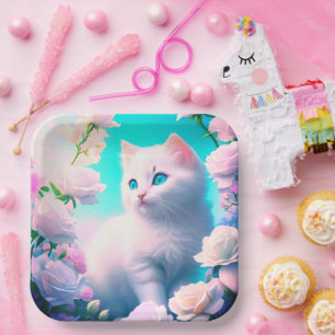 Cute Blue Eye Cat, Furry Chic Flowers Paper Plate