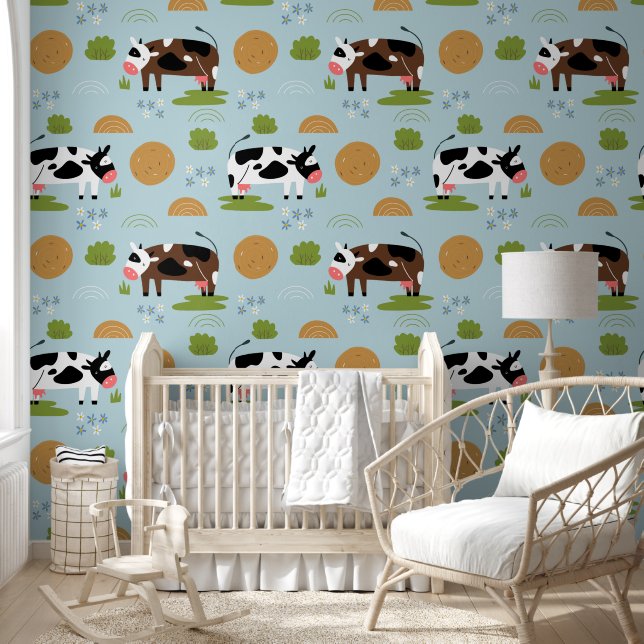 Cute Blue Farm Animals Pattern Kids Nursery Room Wallpaper (Kids)
