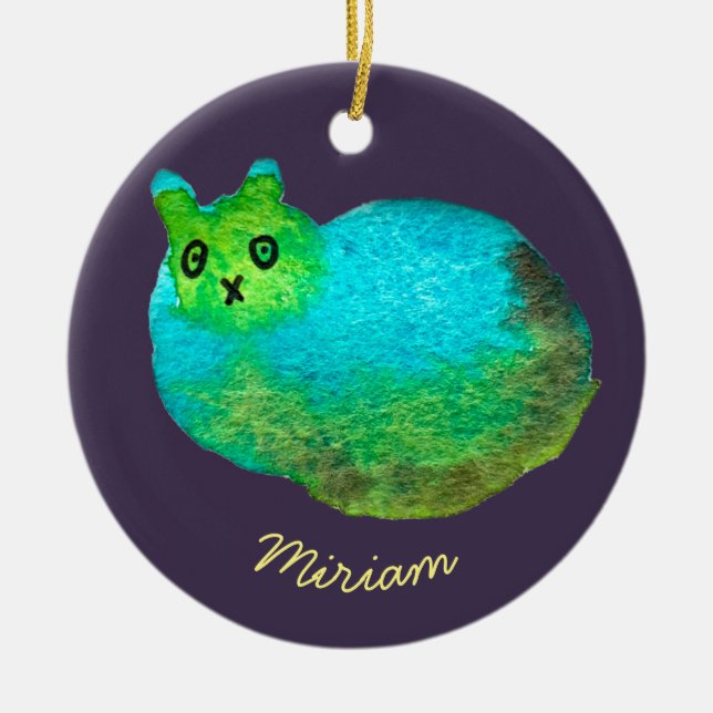 Cute blue fat cat art illustration ceramic ornament (Front)