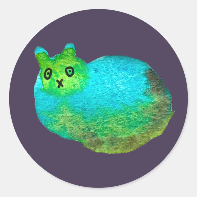 Cute blue fat cat art illustration classic round sticker (Front)
