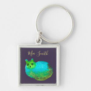 Cute blue fat cat art illustration keychain