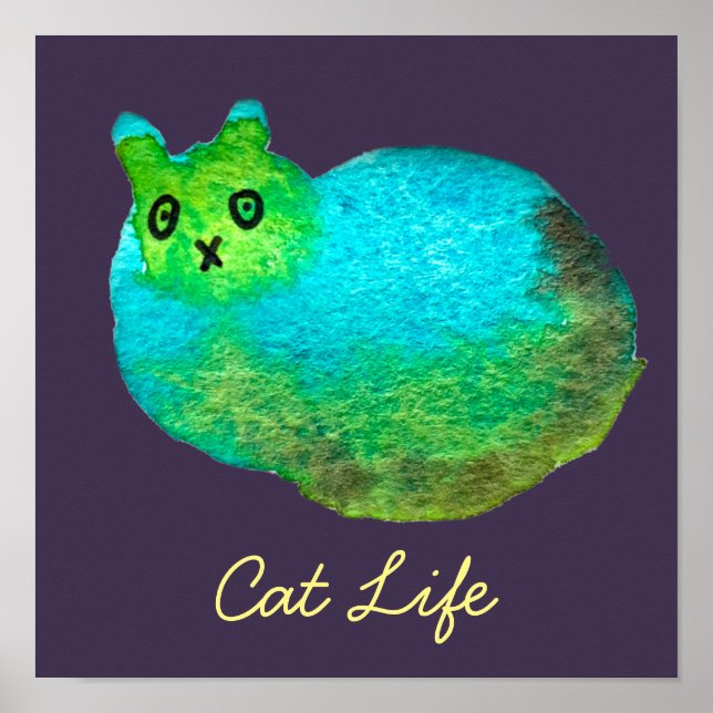Cute blue fat cat art illustration poster (Front)