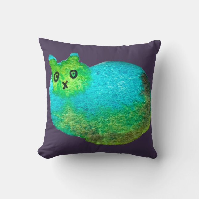 Cute blue fat cat art illustration throw pillow (Front)