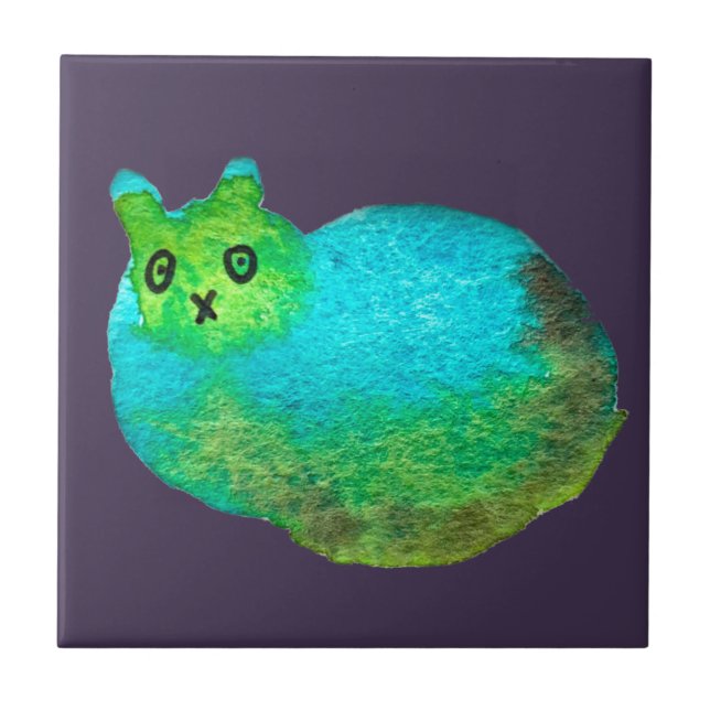 Cute blue fat cat art illustration tile (Front)