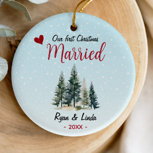 Cute blue first Christmas married green trees Ceramic Ornament