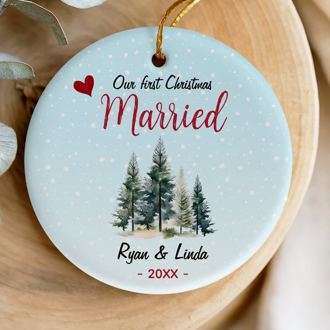 Cute blue first Christmas married green trees Ceramic Ornament (Creator Uploaded)