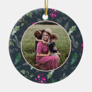 Cute Blue Floral Christmas Photo Ceramic Ornament