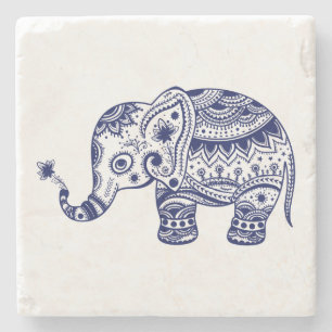 Cute Blue Floral Elephant Illustration Stone Coaster