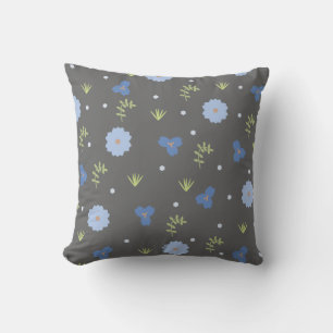Cute Blue Floral on Grey Throw Pillow