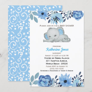 Cute Blue Floral Sleeping Elephant Baby Shower Invitation