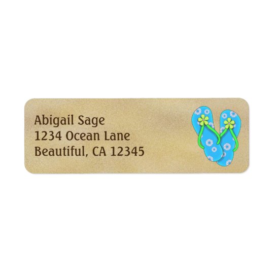 Cute Blue Flower Flip Flops on Sand Beach Address Return Address Label