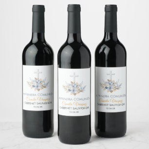 Cute Blue Flowers in Spanish First holy Communion  Wine Label