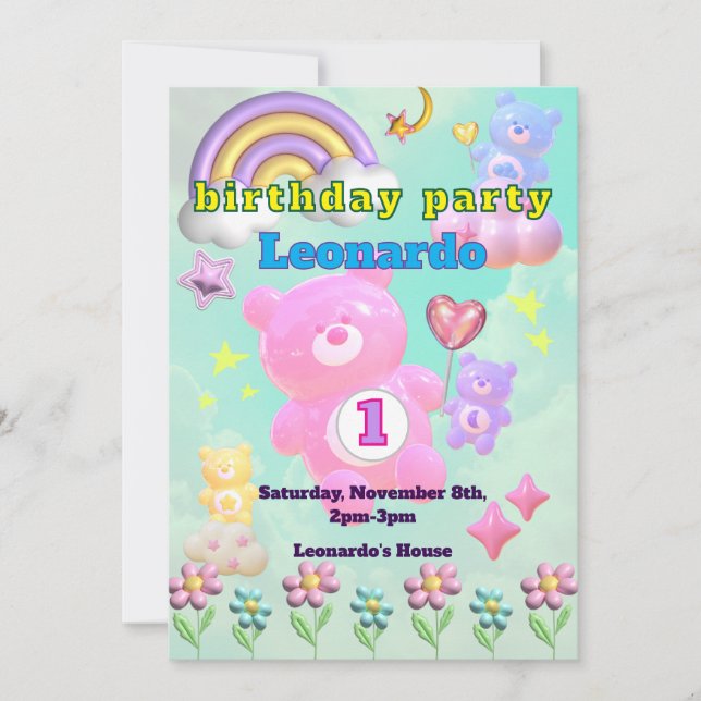 Cute Blue Fluffy Bear Birthday Party for Boys Invitation (Front)