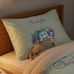 Cute Blue Fluffy Sock Monster Kids Design Pillowcase
