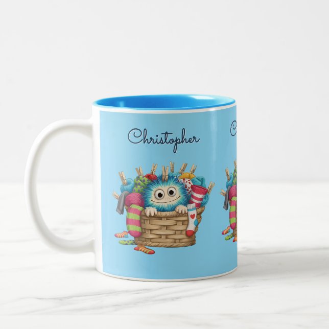 Cute Blue Fluffy Sock Monster Kids Design Two-Tone Coffee Mug (Left)