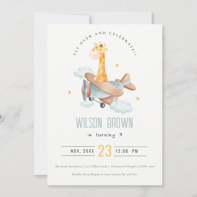 Cute Blue Fly Over Giraffe Animal Plane Birthday Invitation (Front)