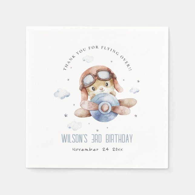 Cute Blue Fly Over Teddy Animal Plane Birthday Napkin (Front)